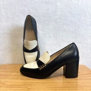 Cole Haan Mazie Colorblock Slip On Black Leather Loafer Stacked Heel Pump Size 8